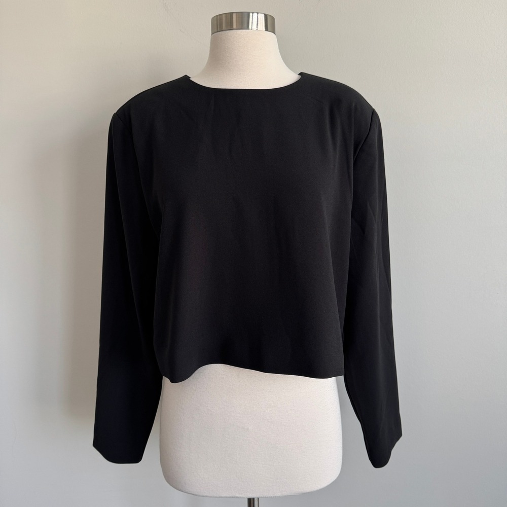 Ann Taylor Womens Black Cropped Long Sleeve Blouse Shoulder Pads NWT Size L